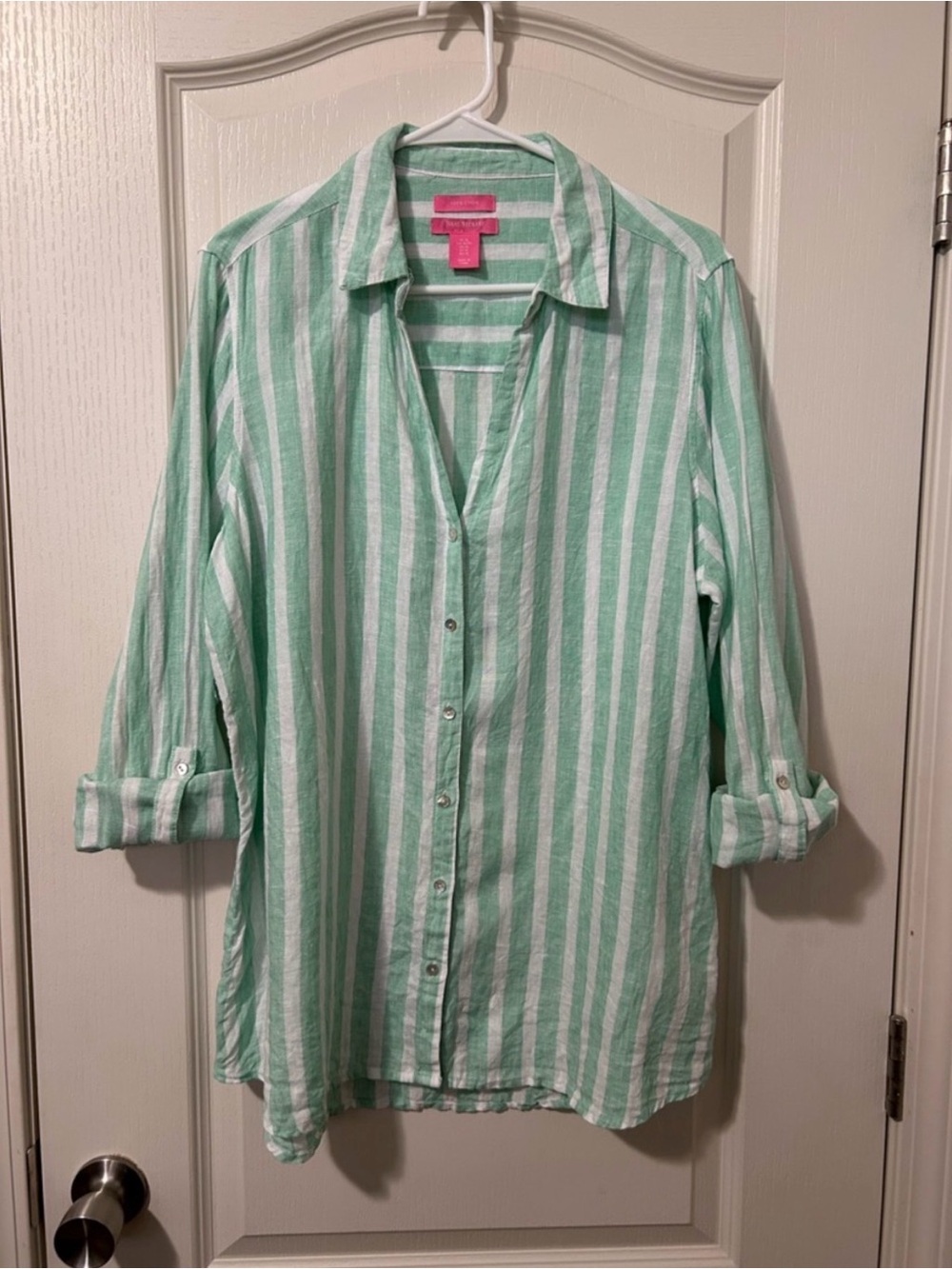 Isaac Mizrahi Mint Green and White Striped Linen Shirt